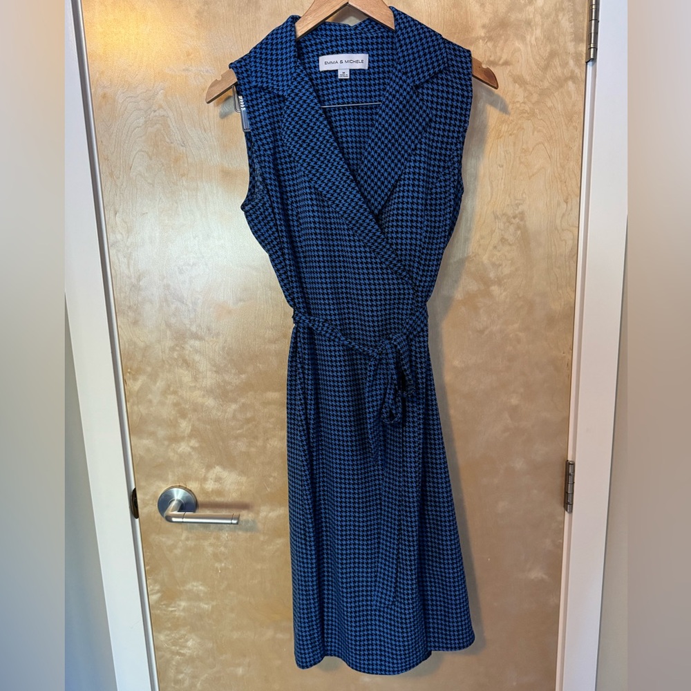 Emma & Michele Blue houndstooth Sleeveless fake Wrap Midi Dress